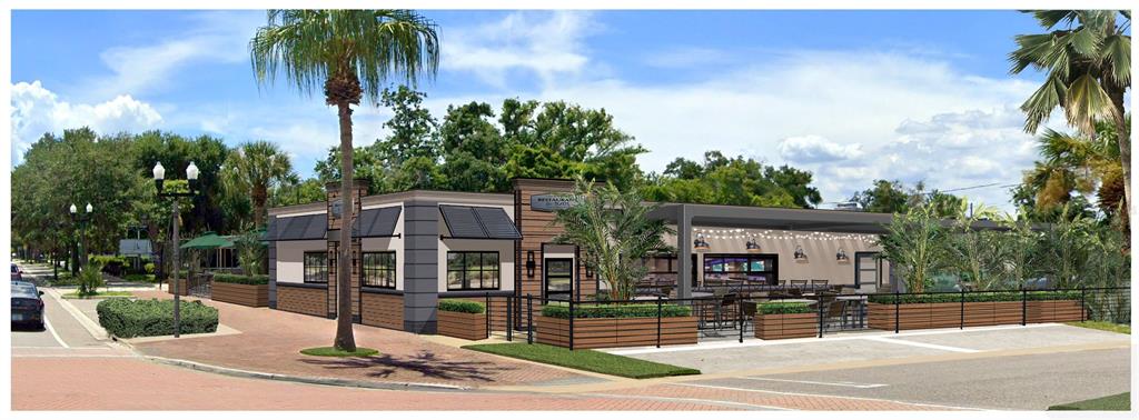 A digital rendering of a modern restaurant exterior with a covered outdoor patio and landscaping — 421 E KENNEDY BOULEVARD, MAITLAND, FL