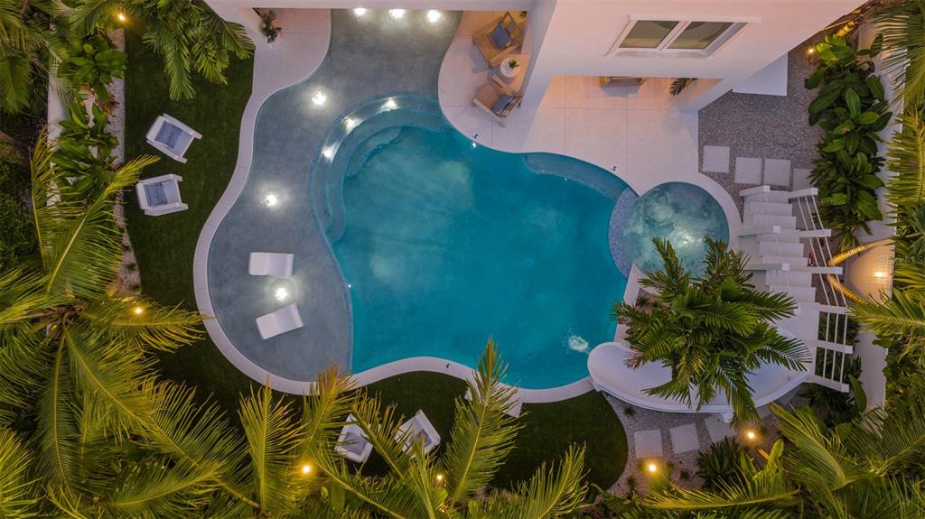An aerial view of a backyard featuring a curved swimming pool, palm trees, and patio — 161 TYLER DRIVE, SARASOTA, FL