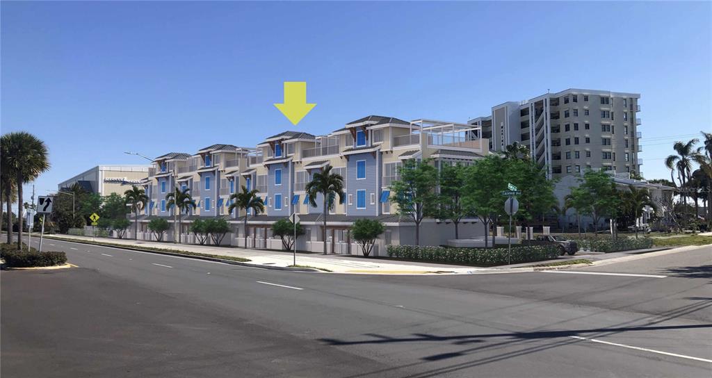This is a digital rendering of a multi-story residential building with blue siding and balconies — 16 OUTLOOK WAY UNIT 9, DUNEDIN, FL