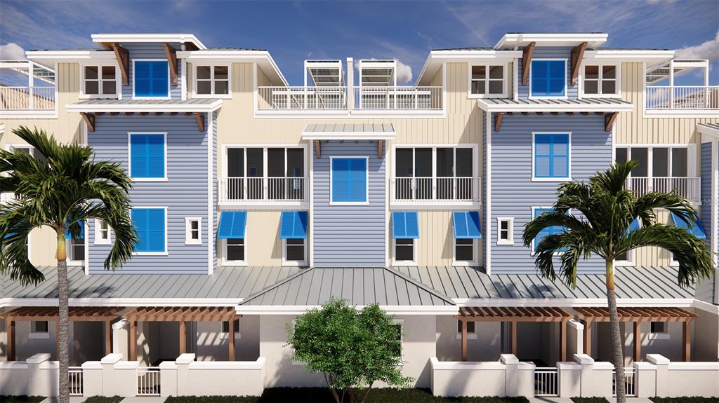 A digital rendering of a multi-story townhouse exterior with blue siding and a metal roof — 16 OUTLOOK WAY UNIT 9, DUNEDIN, FL