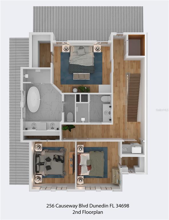 This is a 3D floor plan rendering of a residential second floor with three bedrooms — 16 OUTLOOK WAY UNIT 9, DUNEDIN, FL