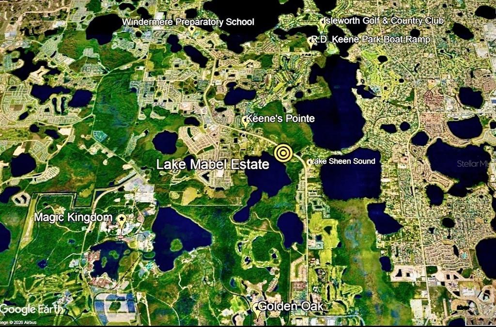 This is an aerial map showing the location of Lake Mabel Estate near surrounding landmarks — 8822 WINTER GARDEN VINELAND ROAD, ORLANDO, FL