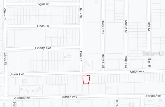 This is a map showing a highlighted rectangular land parcel located along Union Avenue — 00 UNION AVENUE, INTERLACHEN, FL