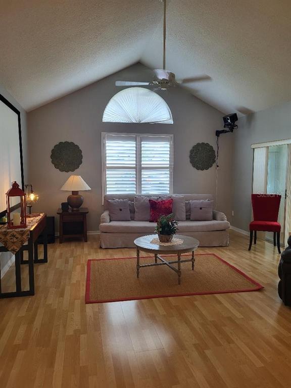 A living room features a vaulted ceiling, light wood flooring, a sofa, and a ceiling fan — 3709 MOLLIE LANE, SUN CITY CENTER, FL