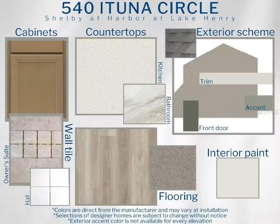 This design board displays interior and exterior finish samples for a new home construction project — 540 ITUNA CIRCLE, WINTER HAVEN, FL