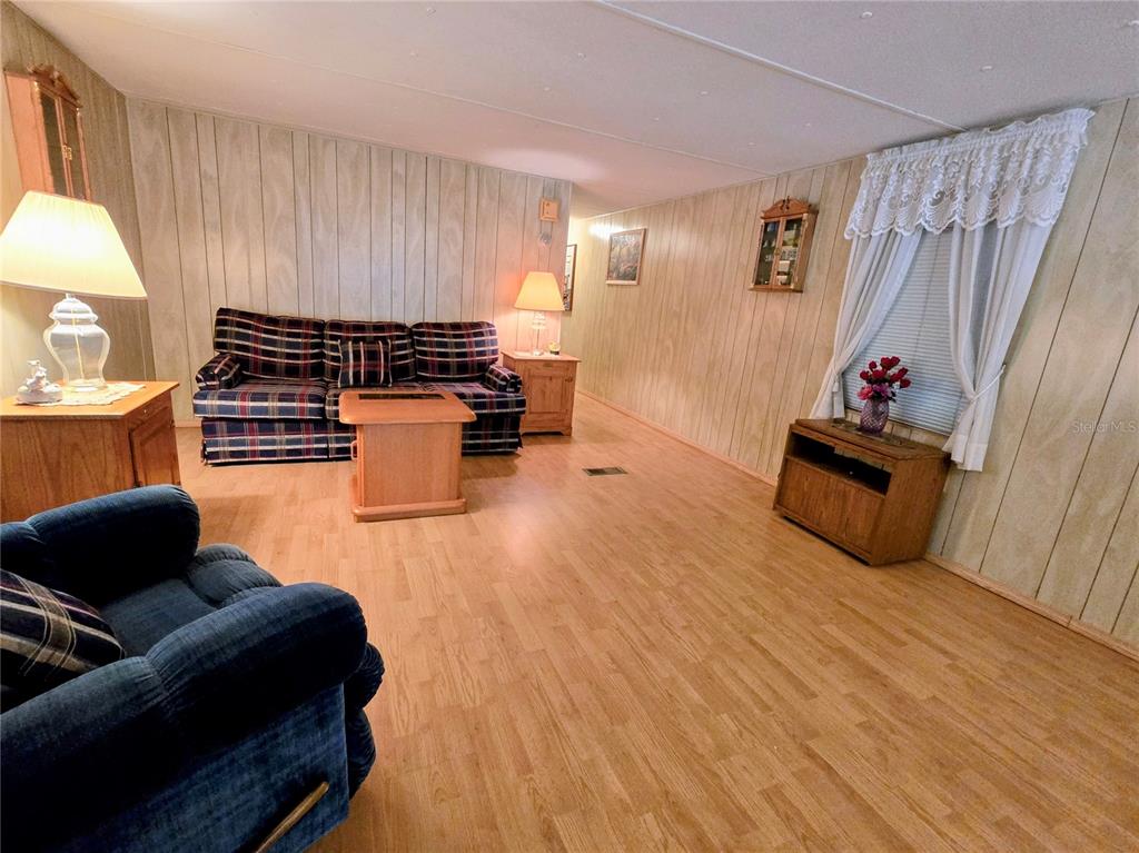 A living room features wood-paneled walls, light wood flooring, a plaid sofa, and a recliner — 6336 WEALTHY LANE, ZEPHYRHILLS, FL