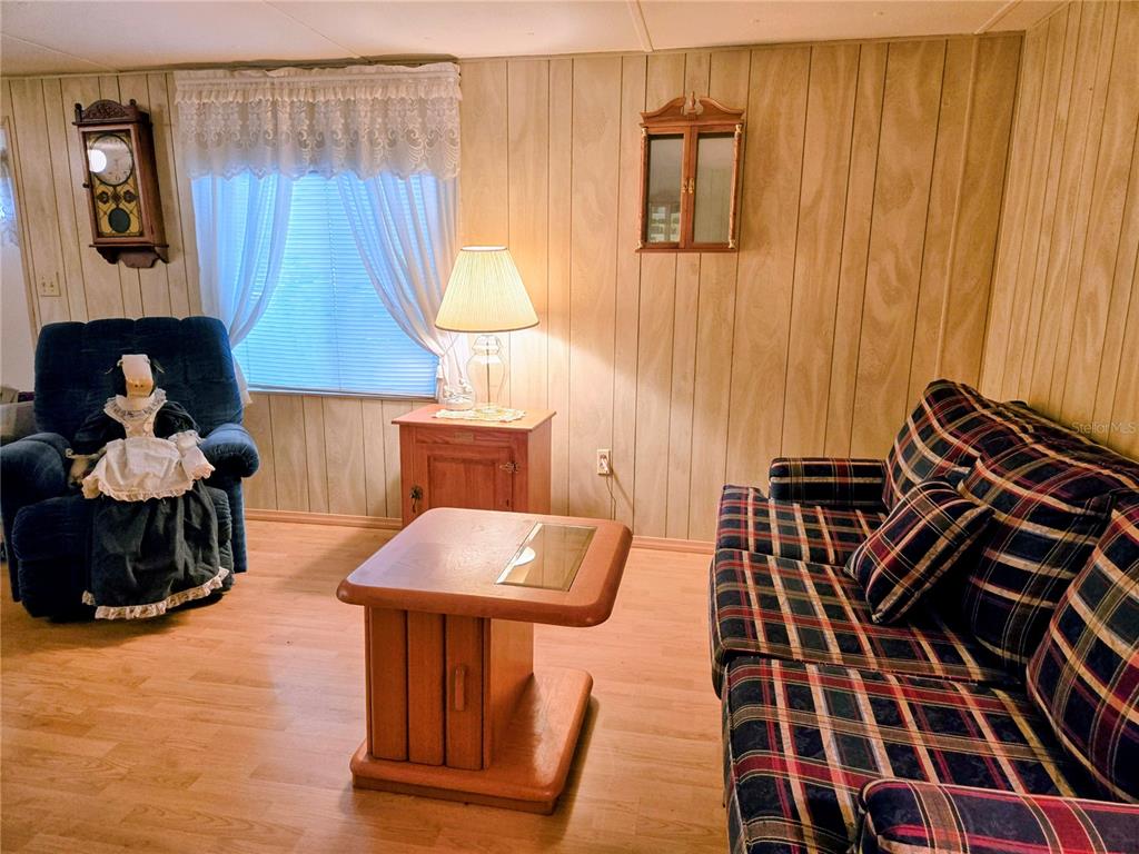 A living room features wood-paneled walls, a plaid sofa, a blue recliner, and a wooden table — 6336 WEALTHY LANE, ZEPHYRHILLS, FL
