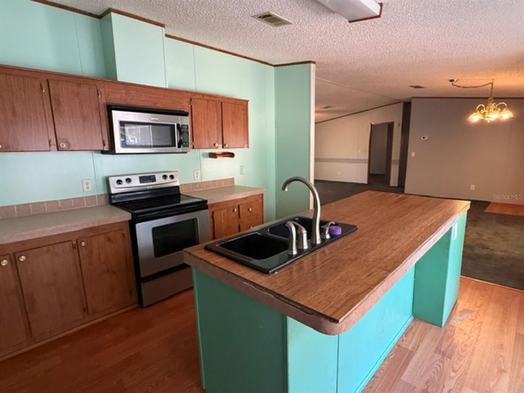A kitchen features wood cabinets, a wood-topped island with a sink, and light green walls — 18351 SE 62ND PLACE, OCKLAWAHA, FL