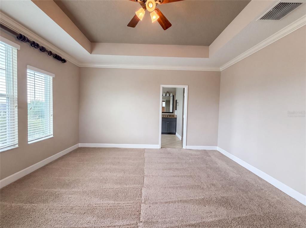 A carpeted bedroom features a tray ceiling with a fan and a doorway to a bathroom — 7304 MILESTONE DRIVE, APOLLO BEACH, FL