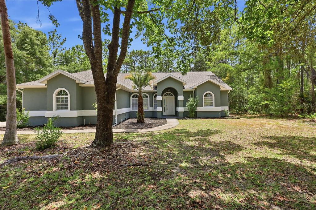 A single-story house with green stucco walls and white trim sits in a wooded lot — 5042 N PEPPERMINT DRIVE, BEVERLY HILLS, FL