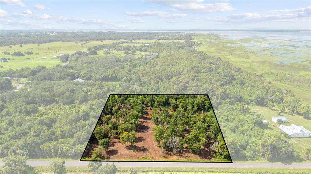 An aerial view shows a rectangular plot of wooded land bordering a road and water — 0 LAKE TERRACE AVE. SAINT CLOUD,FL UNIT 34772, ST CLOUD, FL