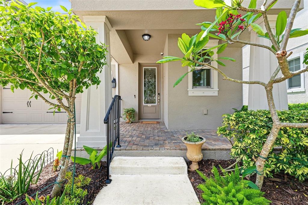 A paved walkway leads to the covered front porch of a house with a glass door — 14507 ROCKY BROOK DRIVE, TAMPA, FL
