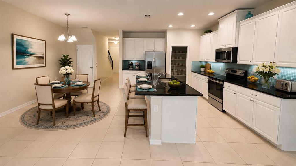 A kitchen and dining area feature white cabinets, a black island, and tile flooring — 103 MAYO COURT, OVIEDO, FL