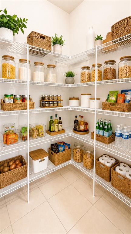 A walk-in pantry features white wire shelving organized with glass jars, baskets, and food items — 103 MAYO COURT, OVIEDO, FL