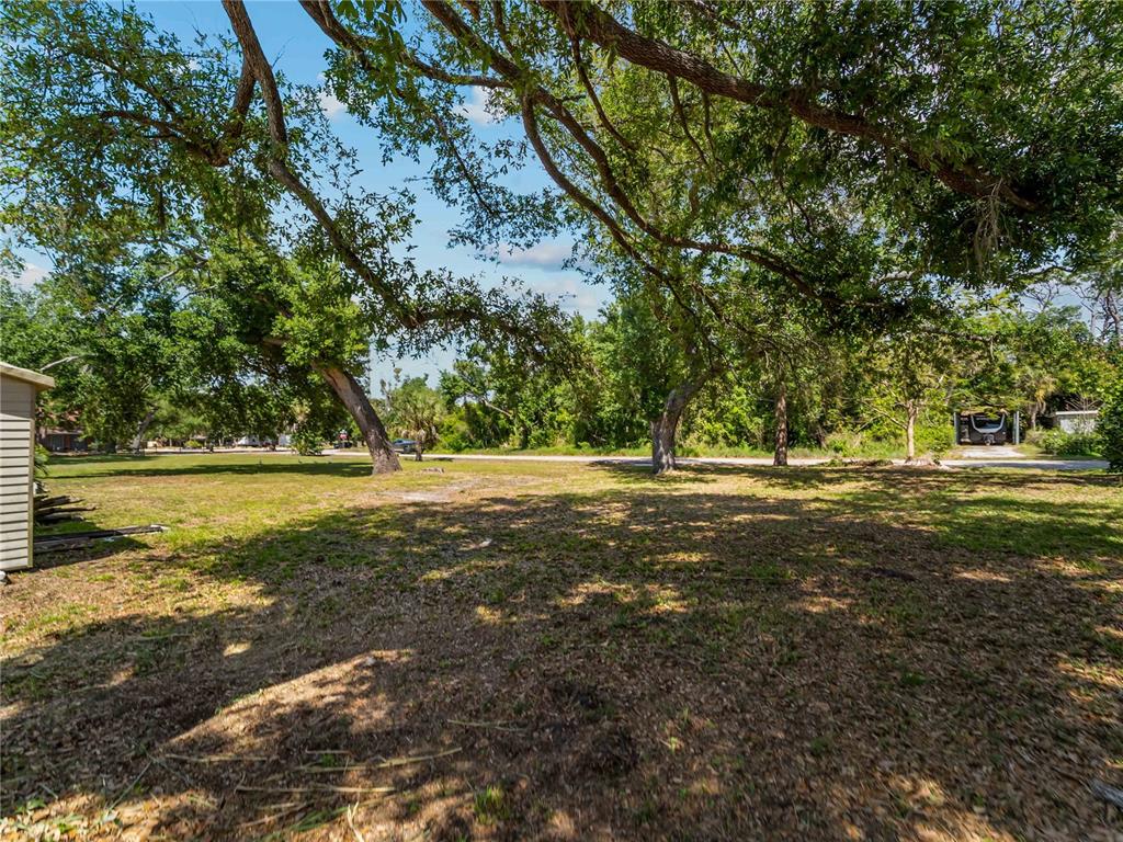 A grassy lot with several large trees and a partial view of a neighboring structure — DAWN DRIVE, VENICE, FL