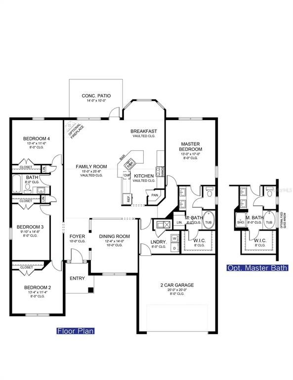 This floor plan shows a four-bedroom house with a two-car garage and optional master bath — 9307 SE 159TH LANE, SUMMERFIELD, FL
