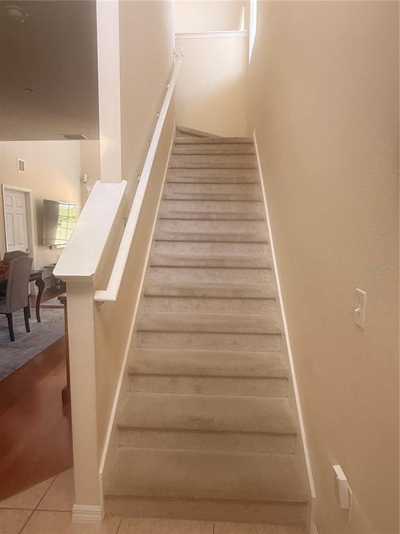 A carpeted staircase with a white railing leads to an upper level — 2219 PICO LANE, MOUNT DORA, FL