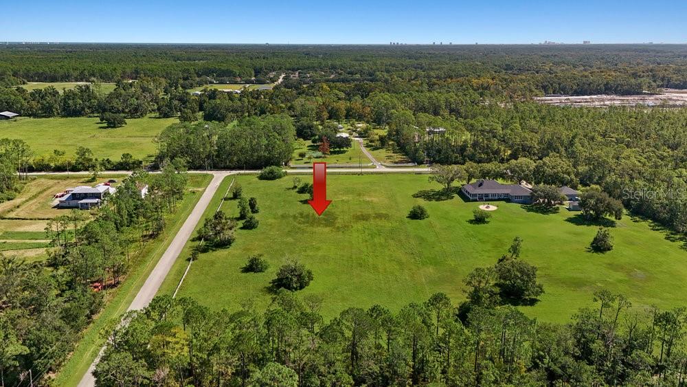 An aerial view shows a large, grassy, undeveloped lot bordered by trees and a road — 420 LEEWAY TRAIL, ORMOND BEACH, FL