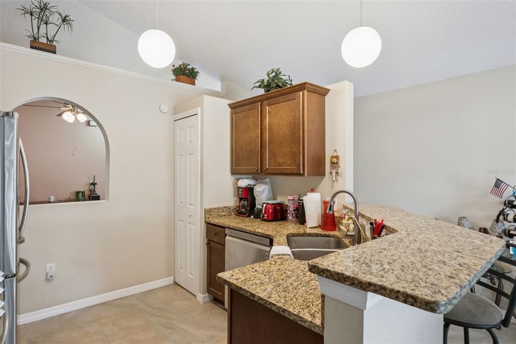 A kitchen features granite countertops, wood cabinets, a stainless steel sink, and two pendant lights — 10044 RICHARDSON COURT, ORLANDO, FL