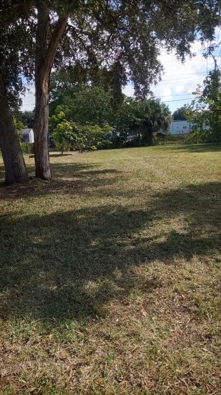 A grassy, tree-shaded backyard with a view of neighboring structures in the distance — 6940 COLUMBINE DRIVE, COCOA, FL