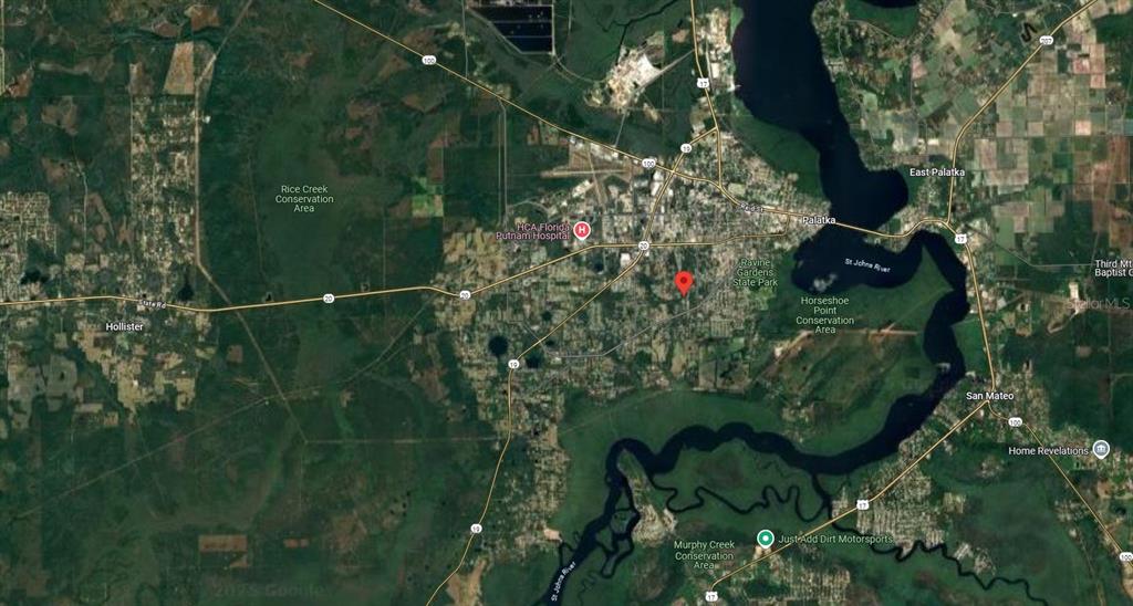 This is a satellite map showing the area surrounding Palatka, Florida, with various landmarks labeled — 115 RODDY LANE, PALATKA, FL