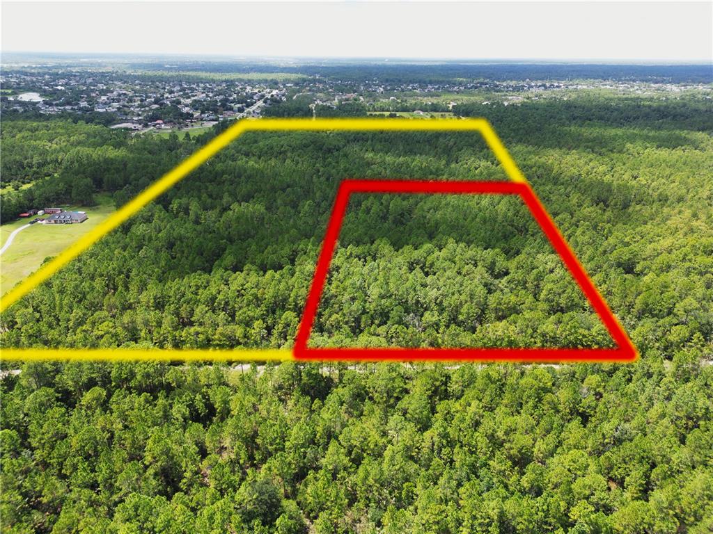 An aerial view shows a large, wooded plot of land outlined in yellow and red — 2220 OLD TRAIN ROAD, DELTONA, FL