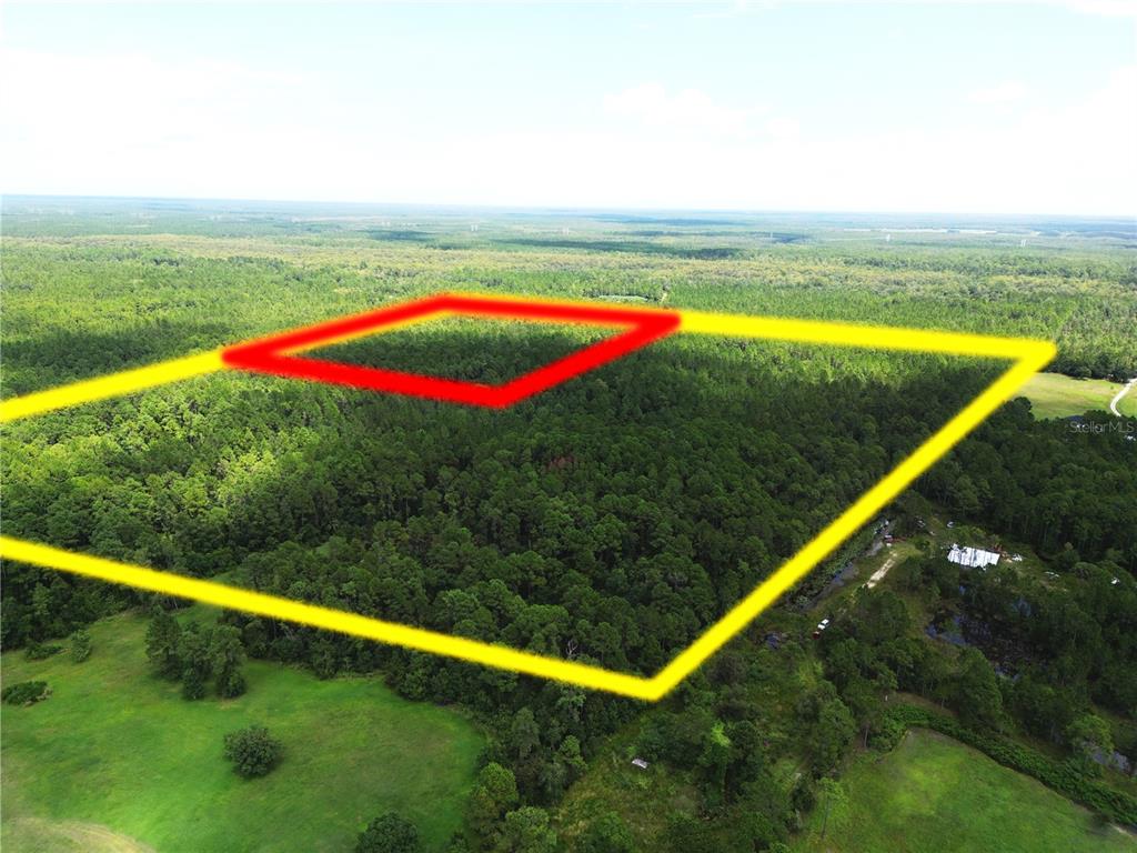 An aerial view shows a large, wooded plot of land outlined in yellow and red — 2220 OLD TRAIN ROAD, DELTONA, FL