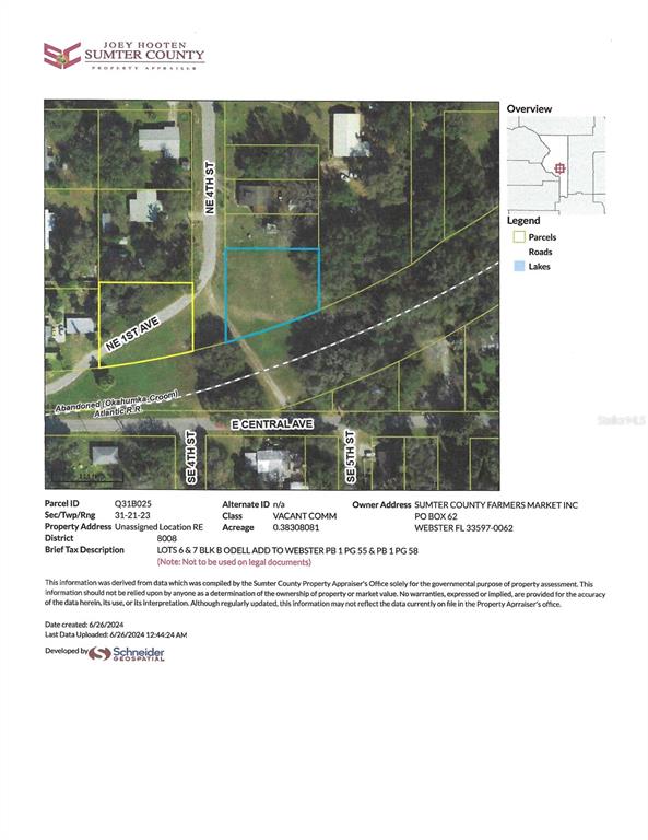 This is a property appraiser's map showing a vacant lot highlighted in blue — NE FOURTH STREET, WEBSTER, FL
