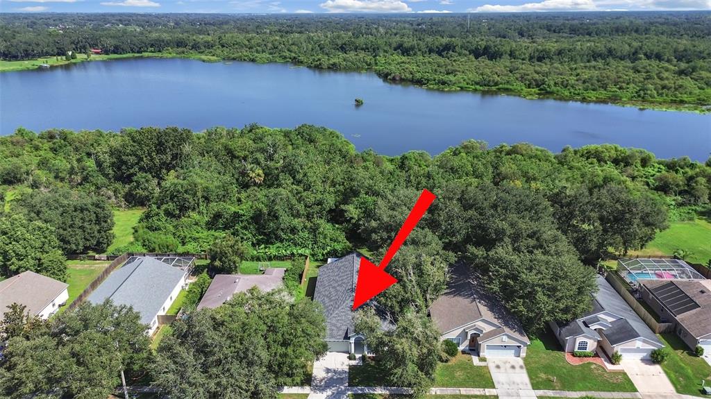 An aerial view shows a suburban house with a red arrow pointing to its roof — 1423 LAKE SHORE RANCH DRIVE, SEFFNER, FL
