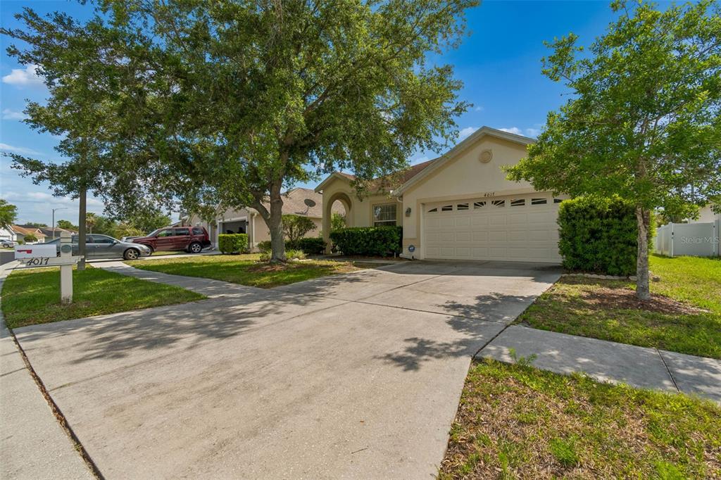 A single-story suburban house with a two-car garage and a concrete driveway — 4017 LANGDRUM DRIVE, WESLEY CHAPEL, FL
