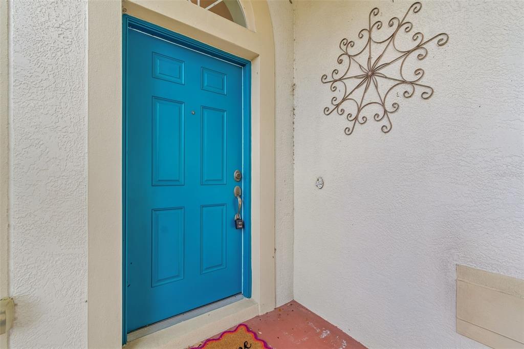 A bright blue front door with a decorative metal wall hanging on a porch — 4017 LANGDRUM DRIVE, WESLEY CHAPEL, FL