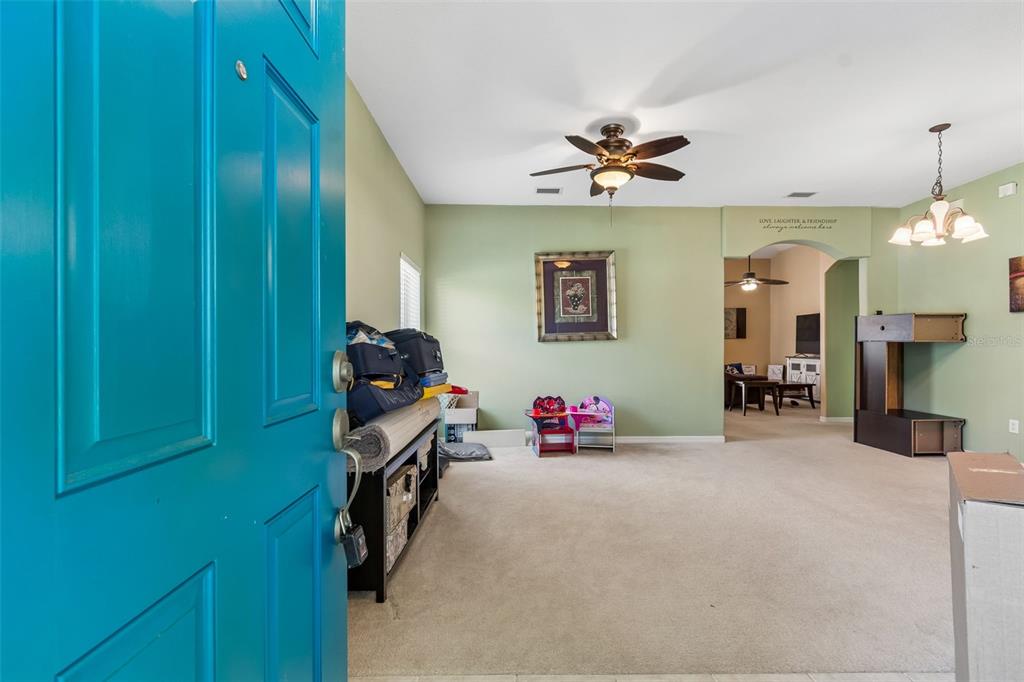 A view from a blue front door into a living room with light green walls — 4017 LANGDRUM DRIVE, WESLEY CHAPEL, FL