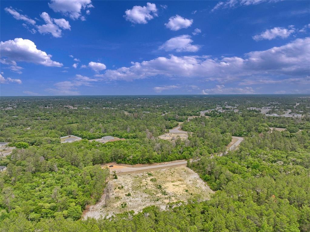 An aerial view shows a cleared, sandy residential lot surrounded by dense green forest — SW 35TH TERRACE, OCALA, FL