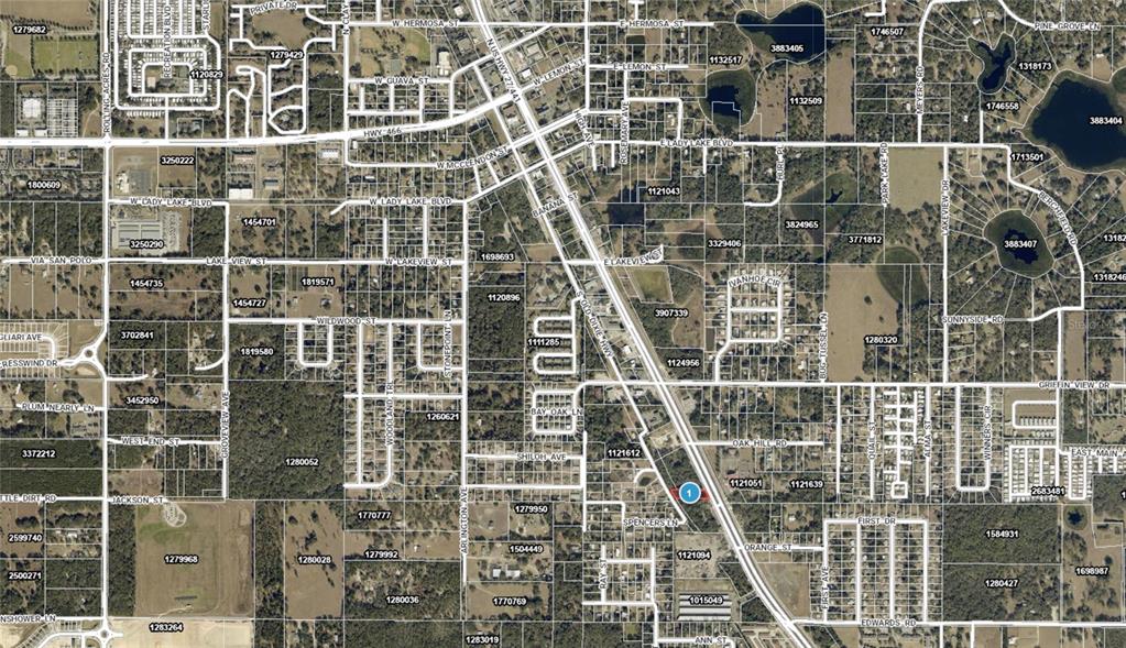 This is an aerial map showing a residential area with streets, lots, and property boundaries — 524 S HIGHWAY 27/441, LADY LAKE, FL