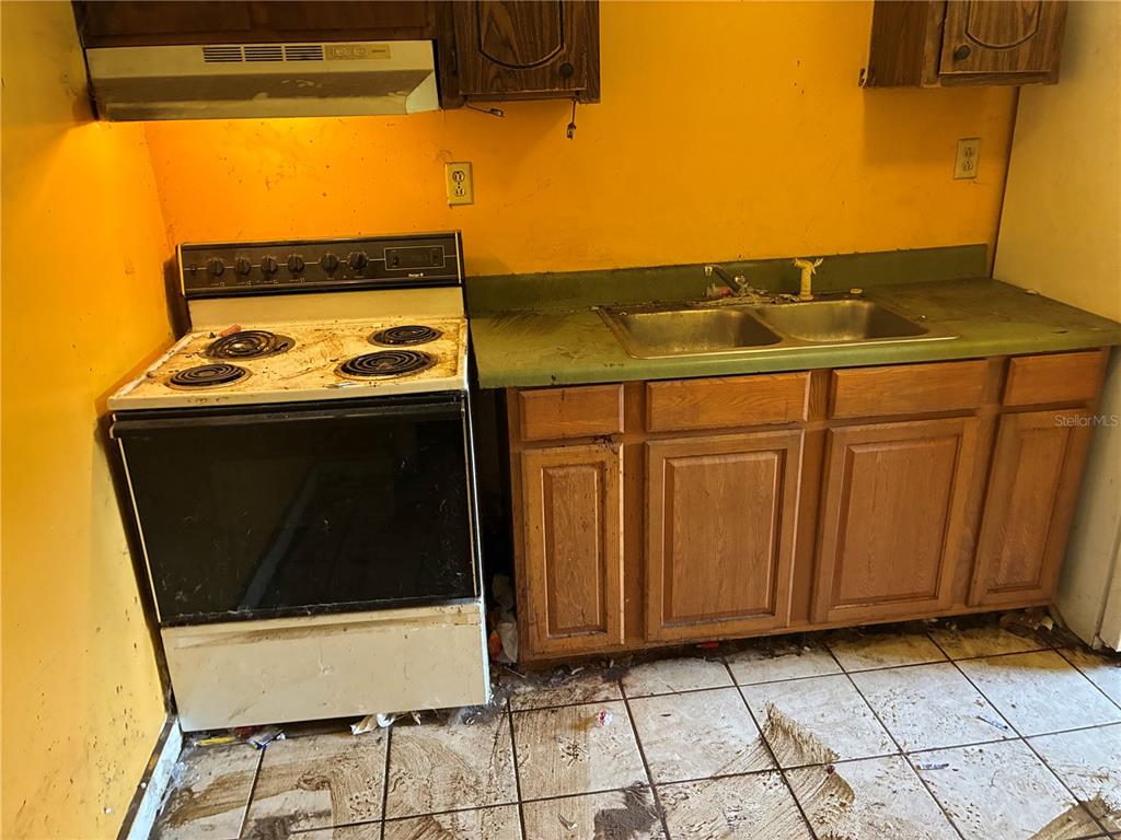 A kitchen features a stove, a double-basin sink, wooden cabinets, and yellow walls — 17990 SE 51ST STREET, OCKLAWAHA, FL