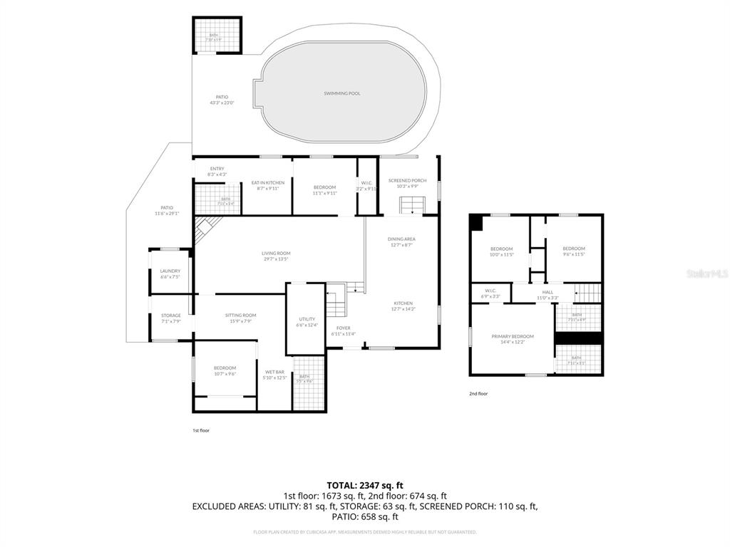 This is a floor plan showing the layout of a two-story house with a swimming pool — 5408 PENTAIL CIRCLE, TAMPA, FL