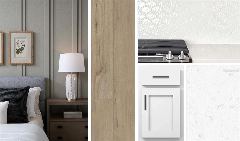 This collage displays interior design finishes including flooring, cabinetry, countertops, tile, and bedroom decor — 30130 EMERALD FOREST DRIVE, MOUNT DORA, FL