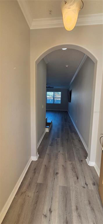 A hallway with gray wood-look flooring leads through an arched doorway into a living area — 760 WALKERS GROVE LANE, WINTER GARDEN, FL