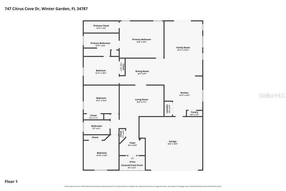 This is a floor plan for a single-story house with a garage and four bedrooms — 747 CITRUS COVE DRIVE, WINTER GARDEN, FL