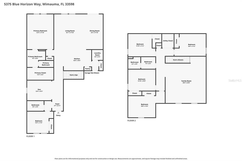 This is a two-story floor plan showing the layout of bedrooms, bathrooms, and living areas — 5375 BLUE HORIZON WAY, WIMAUMA, FL