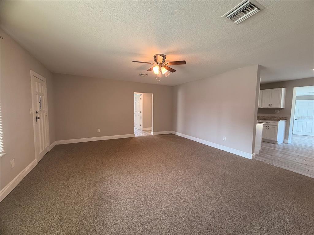 A carpeted living room features a ceiling fan and an open doorway to the kitchen — 144 N PARK AVENUE, APOPKA, FL