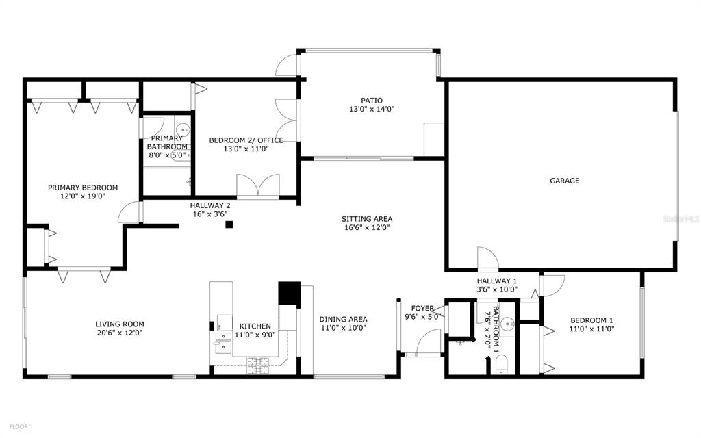 This is a floor plan of a single-story home featuring three bedrooms, two bathrooms, and a garage — 111 LAS FLORES, WINTER HAVEN, FL