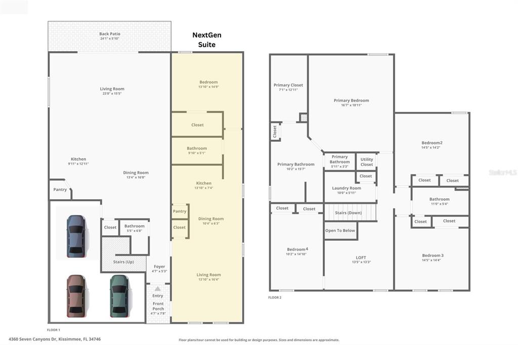 This is a floor plan showing the layout of a two-story residential home — 4360 SEVEN CANYONS DRIVE, KISSIMMEE, FL