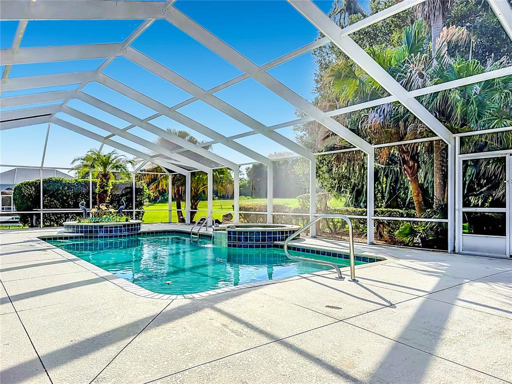 A screened-in swimming pool and hot tub sit on a concrete patio with palm trees — 1281 N TIMUCUAN TRAIL, INVERNESS, FL