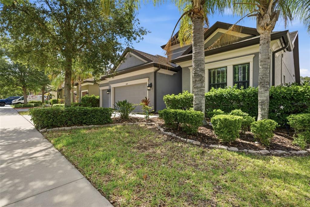 A gray single-story house with a two-car garage, palm trees, and a landscaped front yard — 13819 MOONSTONE CANYON DRIVE, RIVERVIEW, FL