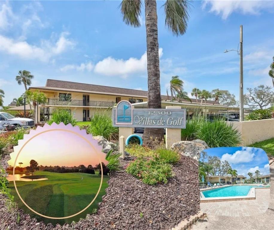 An exterior view of a residential complex with a sign, a pool, and a golf course — 12300 VONN ROAD UNIT 1102, LARGO, FL