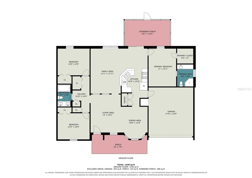This is a floor plan of a single-story house featuring three bedrooms and a garage — 534 DAVIDSON STREET SE, PALM BAY, FL