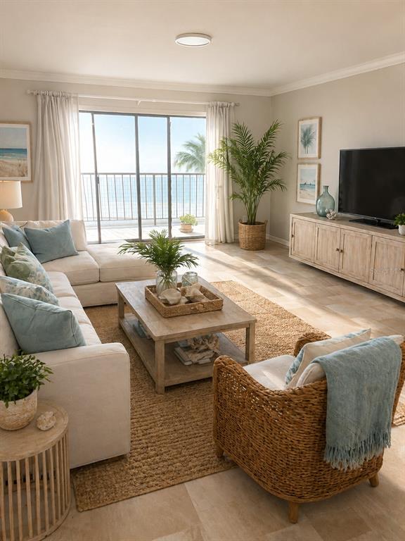 A bright living room features a white sofa, wicker armchair, and a view of the ocean — 2651 MICHAEL PLACE UNIT 307, DUNEDIN, FL