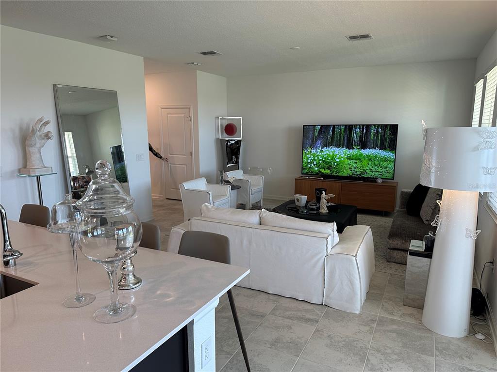 A bright, open-concept living room features a white sofa, television, and a large floor lamp — 8946 FLUFFY LIE COURT, DAVENPORT, FL