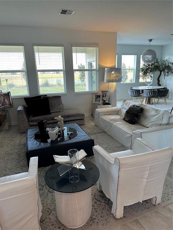 A living room features white sofas, a black ottoman, and a dining area with a tree — 8946 FLUFFY LIE COURT, DAVENPORT, FL
